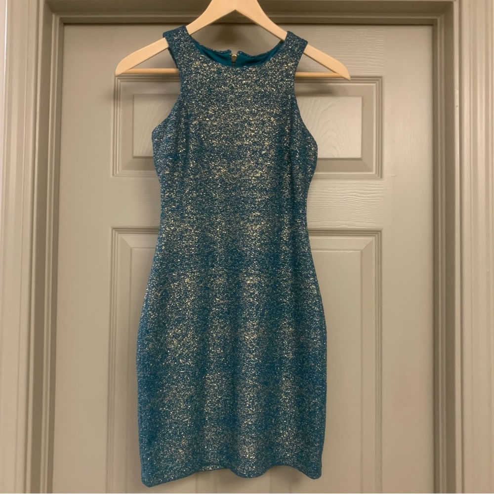 NWT Speechless size 1 Teal Blue Gold Speckled Sleeveless  Bodycon Mini Dress XS